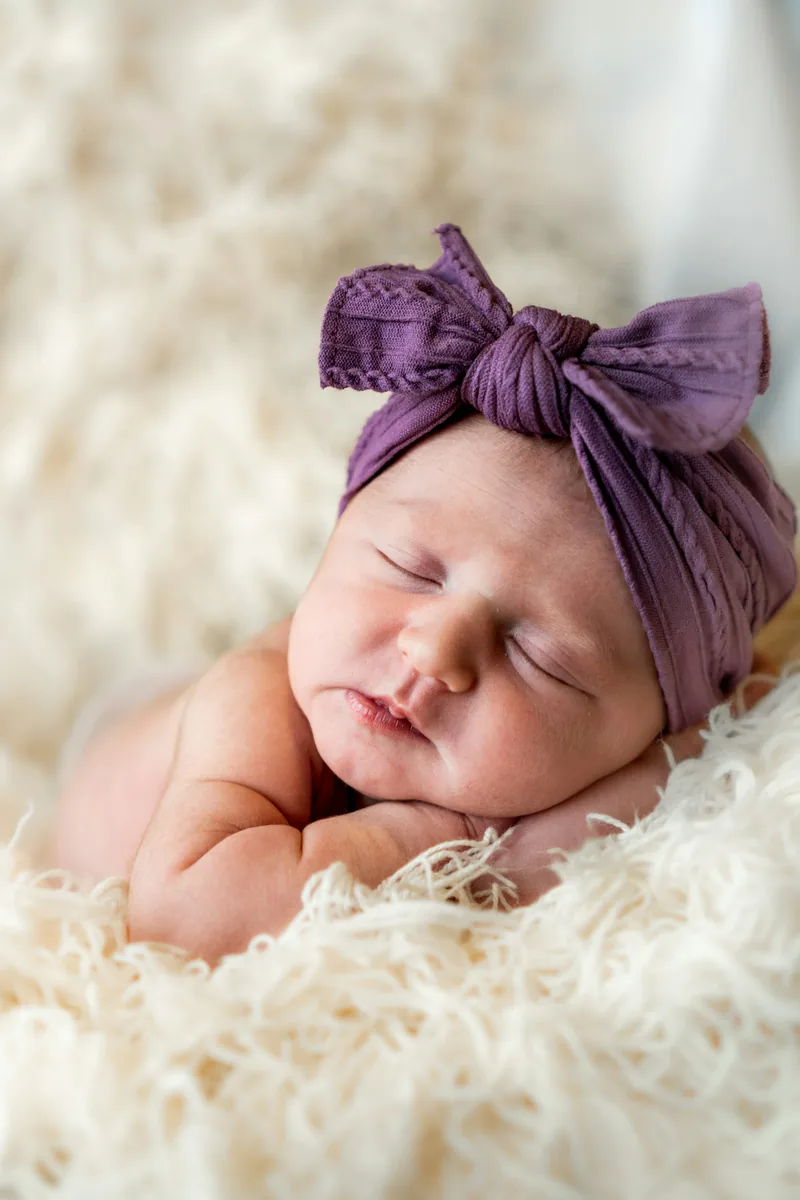 Newborn resting on folded hands, wearing a plum bow headband