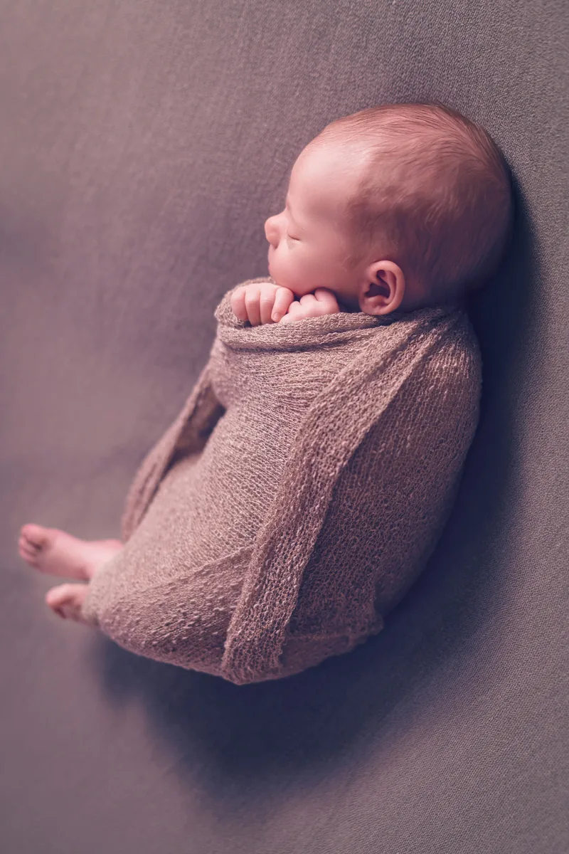 Newborn curled in a dusty mauve wrap, seen in profile